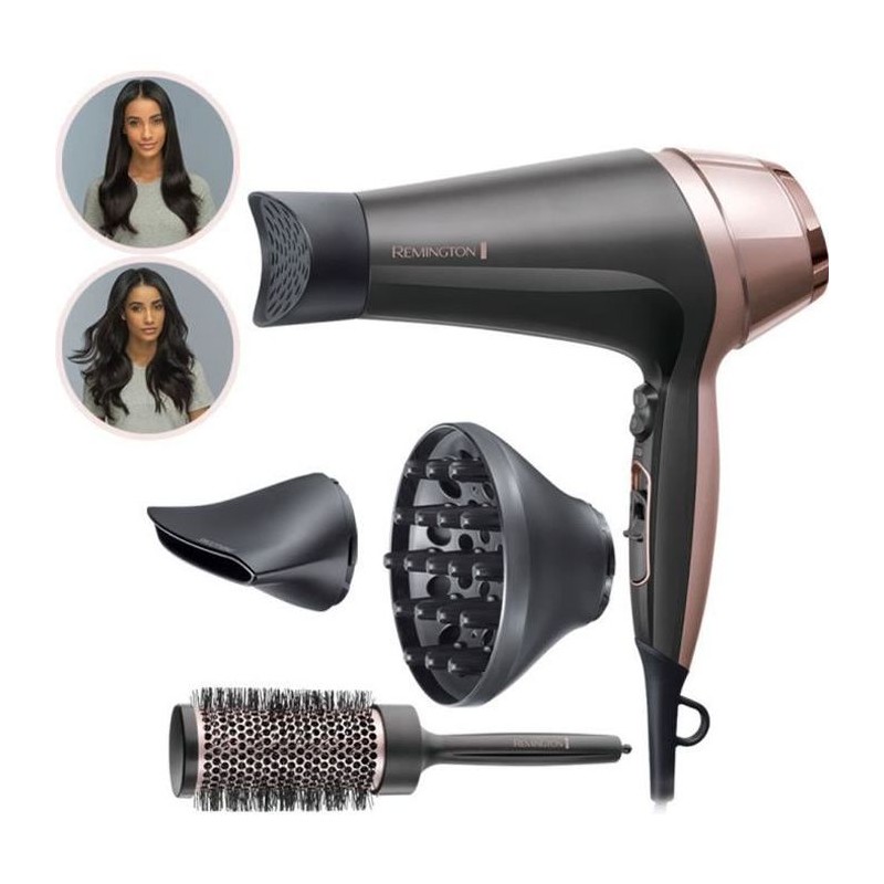 Remington D5706 Coffret Coiffure, Seche-Cheveux Ionique Curl Confidence 2200W, Brosse 45mm, Grille Céramique, Léger, Silencieu