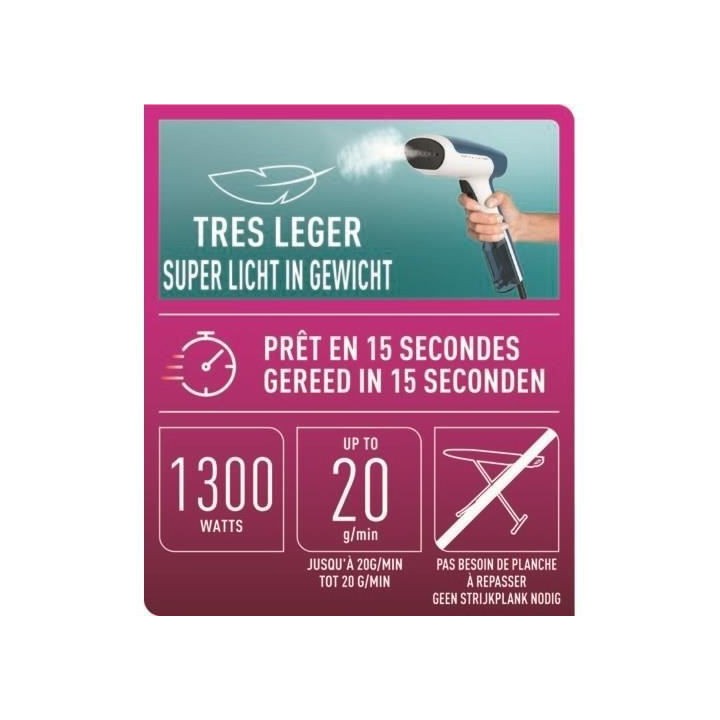 CALOR Défroisseur vapeur, 70 ml, Vapeur 20 g/min, Chauffe en 15 sec,