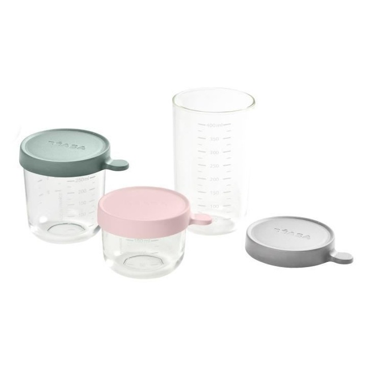 BEABA, Coffret 3 portions verre (150ml pink / 250ml eucalyptus green /