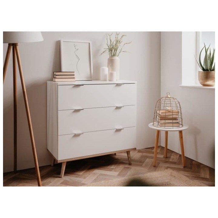 Commode Göteborg - 3 tiroirs - Décor chene sonoma Blanc - Scandinave