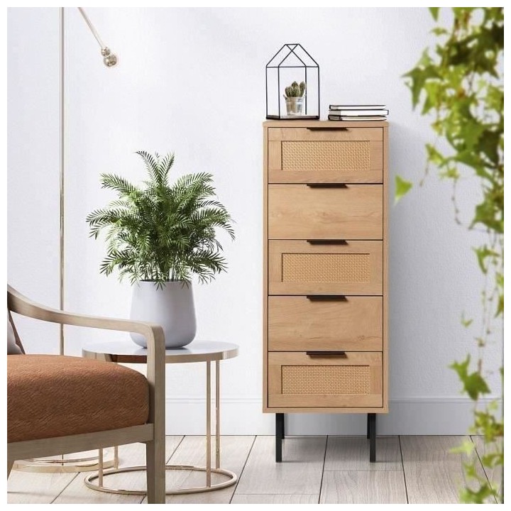 Commode haute 5 tiroirs - En panneaux de particules avec piétement en