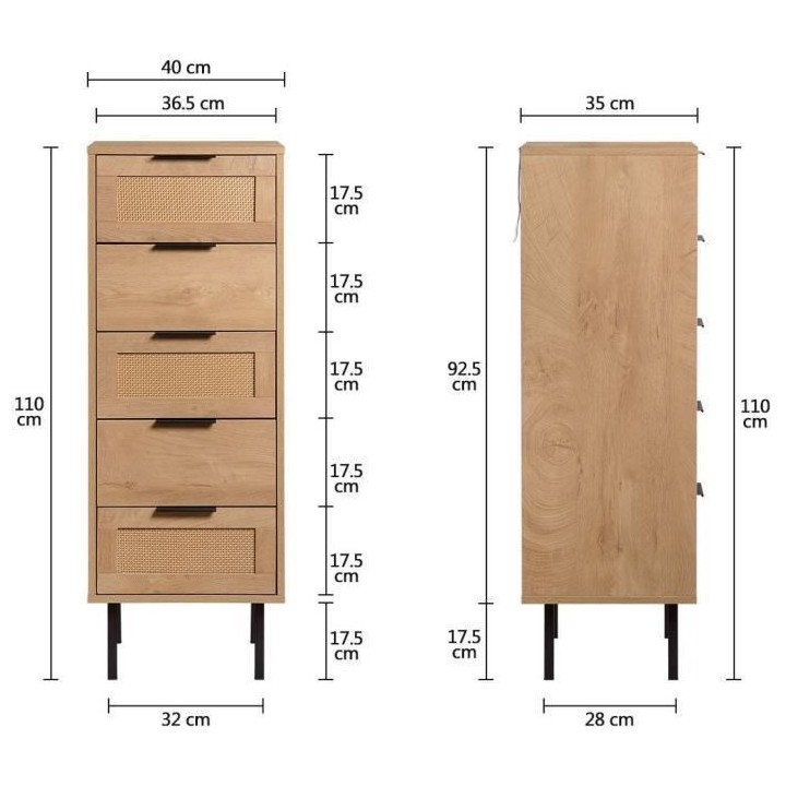 Commode haute 5 tiroirs - En panneaux de particules avec piétement en