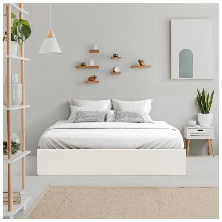 ECLIPSE Lit adulte 160x200 cm + Coffre de rangement - Tissu Beige