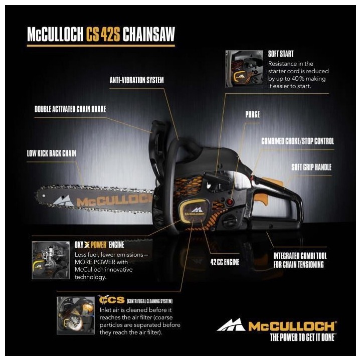 Tronçonneuse thermique MCCULLOCH - CS 42S - 1,5 kW - 42 cc - 35 cm -