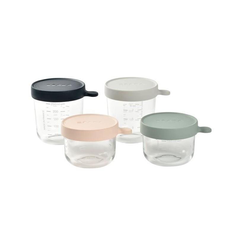 BÉABA Coffret 4 portions verre, pots de conservation (150ml pink / 150ml eucalyptus green / 250ml light mist / 250ml dark blue)