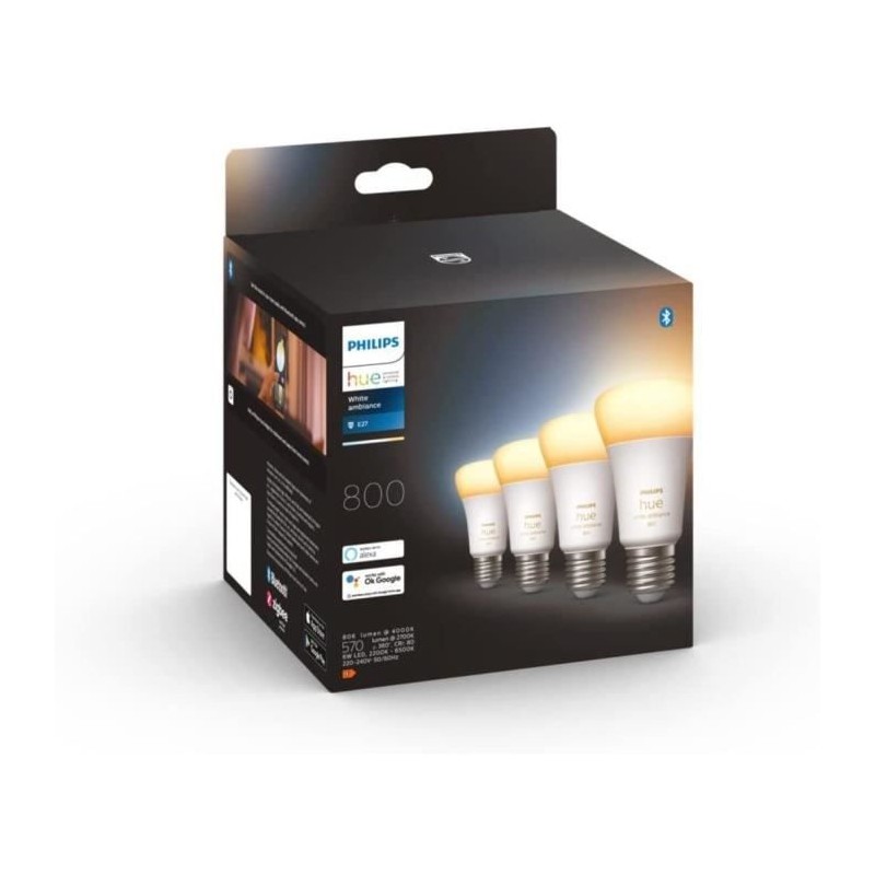 Philips Hue White Ambiance, ampoule LED connectée E27, équivalent 60W, 800 lumen, Pack de 4, compatible Bluetooth