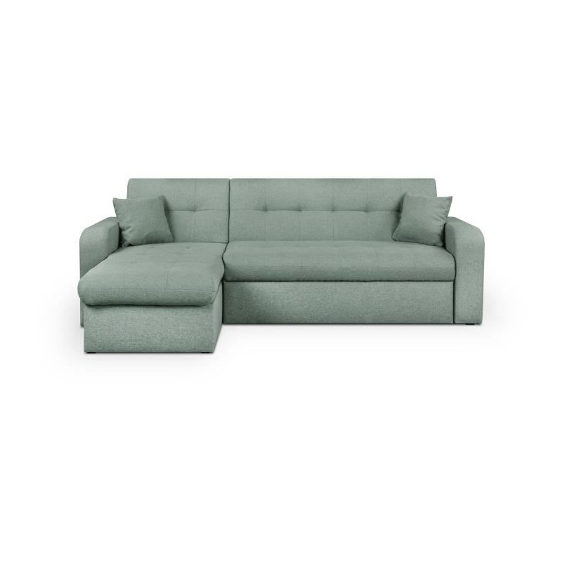 Canapé d'angle convertible et réversible 3 places ROMAN - Tissu vert d'eau - Coffre de rangement - L235 x H81 x P 85/153 cm