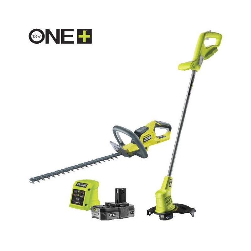 Taille haies RYOBI Duo ONE+ 18V 45cm RHT1845 + Coupe-bordures 25cm RLT1825M - 1 batterie lithium+ 2,0Ah et 1 chargeur 1,7A