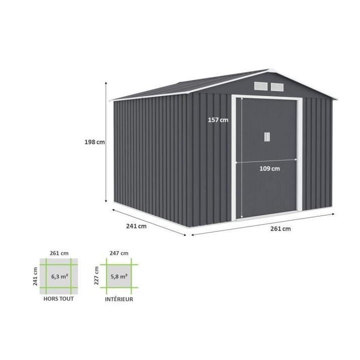 Abri de jardin en métal 6,3 m² - 261 x 241 x 198 cm - Kit d'ancrage