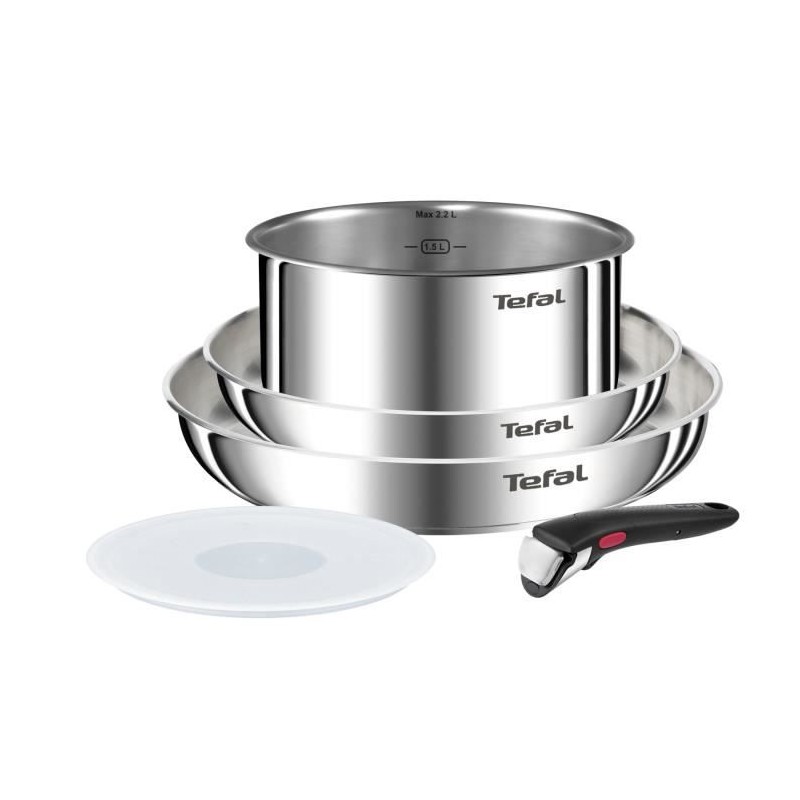 TEFAL INGENIO L896S504 Batterie de cuisine 5 pieces, Induction, Inox, Poeles 22/26 cm, Casserole 18 cm, Poignée amovible, Emoti