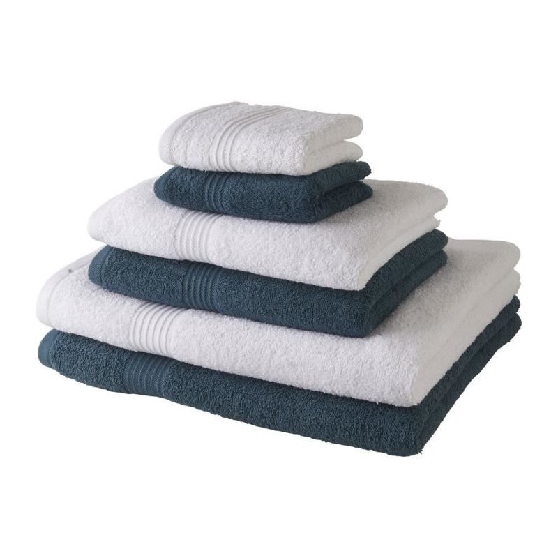 TODAY Lot de 6 serviettes de bain - Bleu et blanc - 100 % coton - 2 Serviettes 30x50 cm, 2 serviettes 50x100 cm et 2 draps 70x13