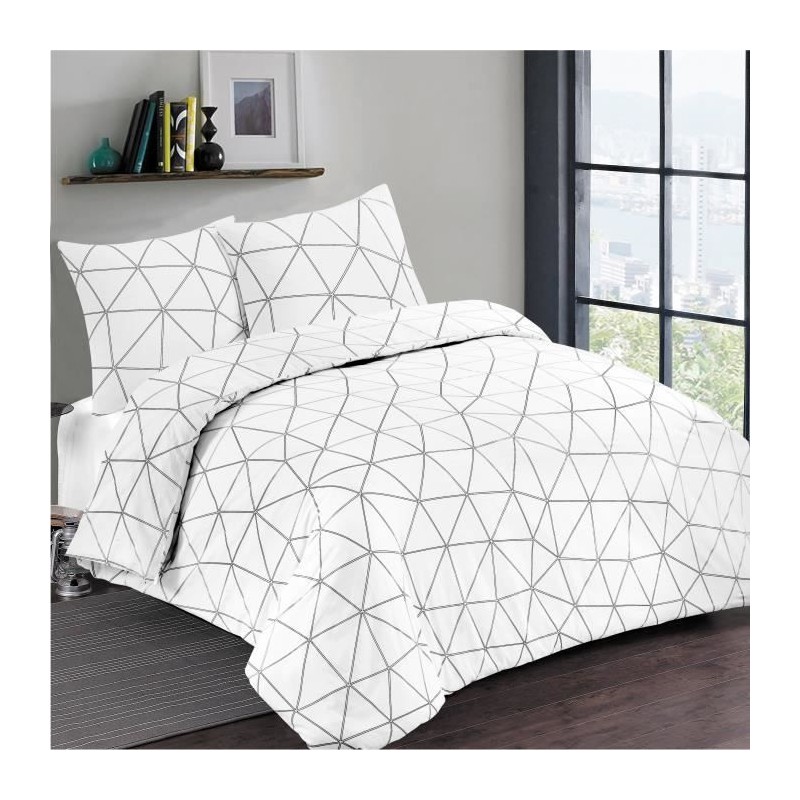 VISION Parure de couette Hugo - 100% coton - 1 housse de couette 140 x 200 cm + 1 taie d'oreiller 65 x 65 cm - Blanc