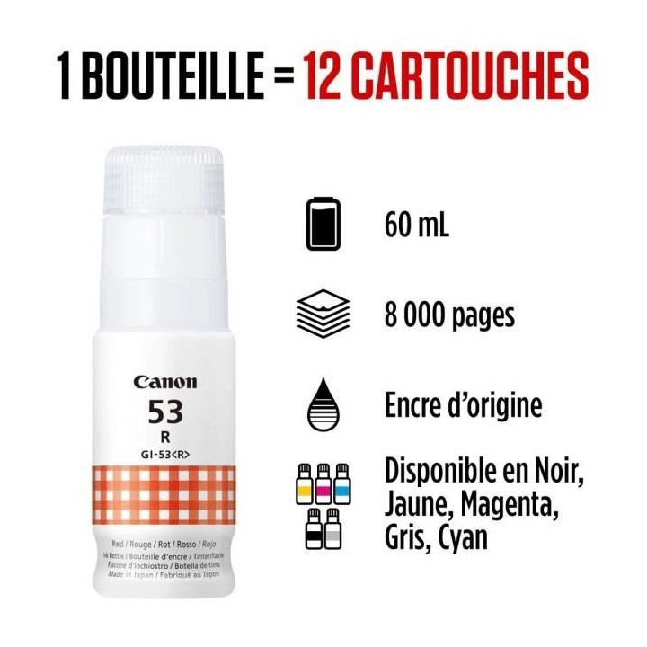 Bouteille d'encre - CANON - GI-53R - Rouge - Compatibilité PIXMA G650