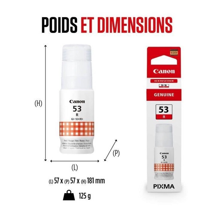 Bouteille d'encre - CANON - GI-53R - Rouge - Compatibilité PIXMA G650