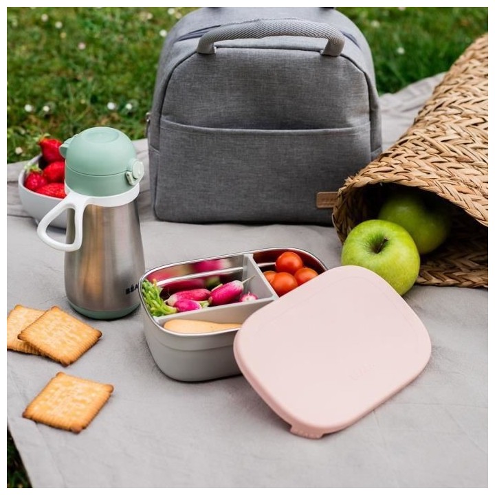 BEABA, Boîte repas enfant en inox, couvercle en silicone et housse de