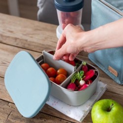 BEABA, Boîte repas enfant en inox, couvercle en silicone et housse de protection, Gris velours et bleu