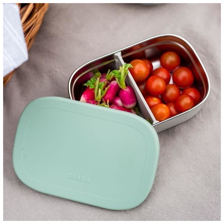 BEABA, Boîte repas enfant en inox, couvercle en silicone et housse de