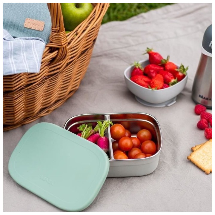 BEABA, Boîte repas enfant en inox, couvercle en silicone et housse de