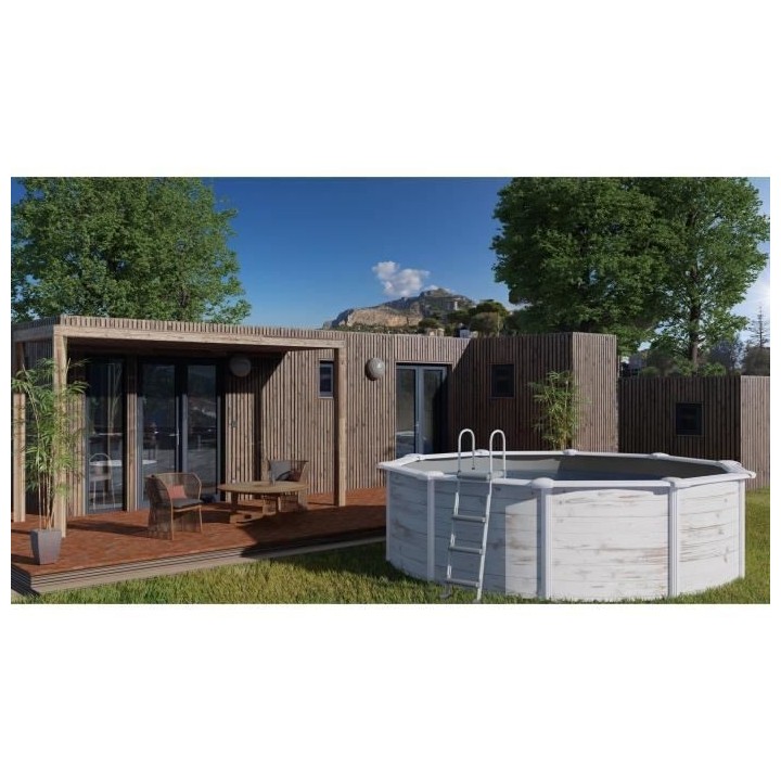 GRE - Piscine ronde acier Ø3,70m x H: 1,22m - Imitation bois Nordique