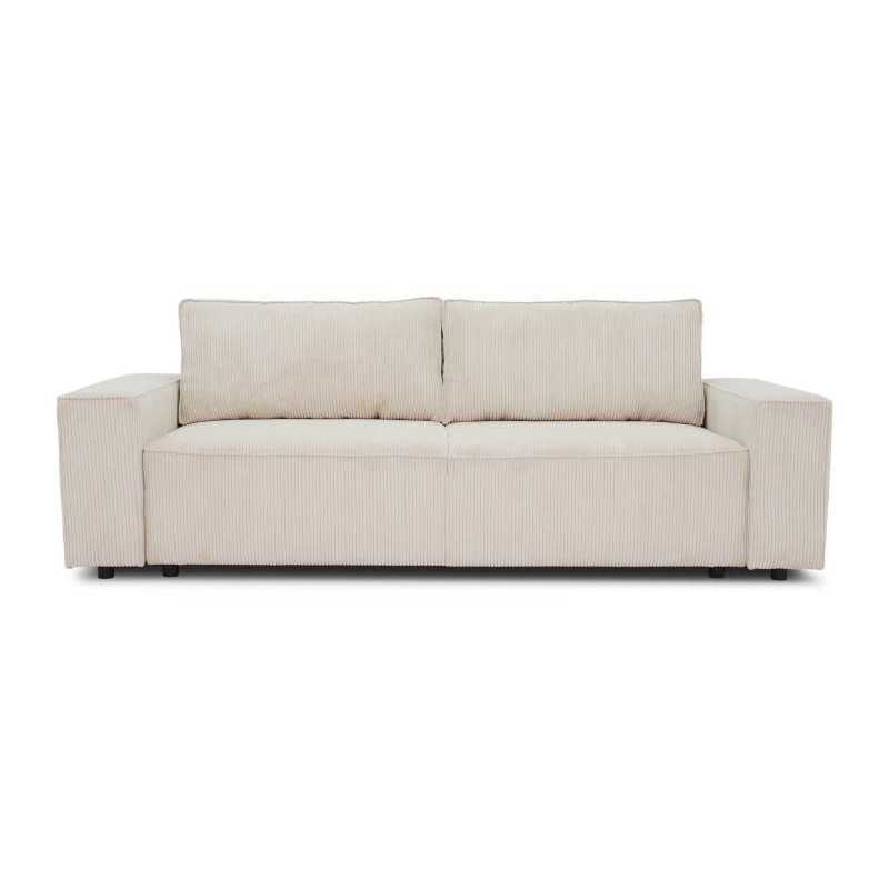 Canapé convertible 3 places JOSH - Tissu velours côtelé beige - Coffre de rangement - L239xP86xH85cm