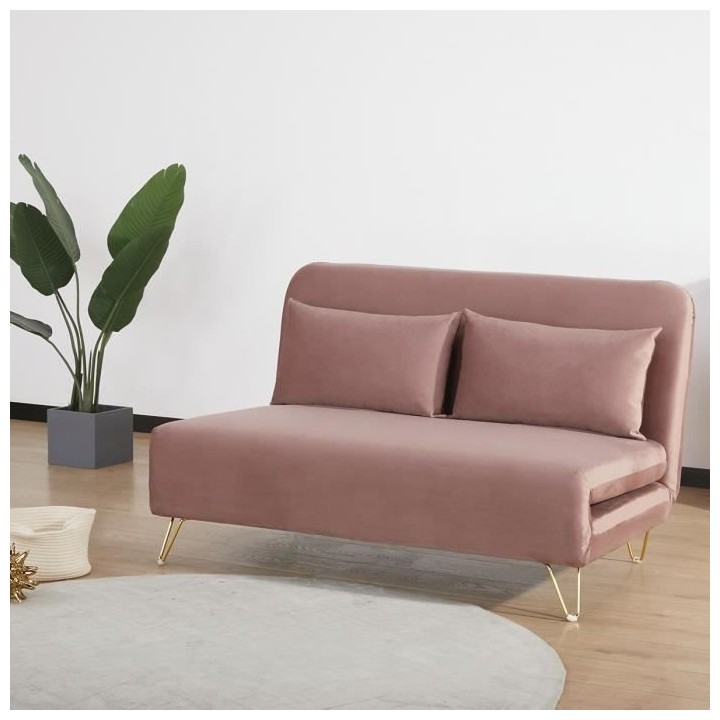 Banquette convertible 2 places - Velours Rose pieds doré - Style scan