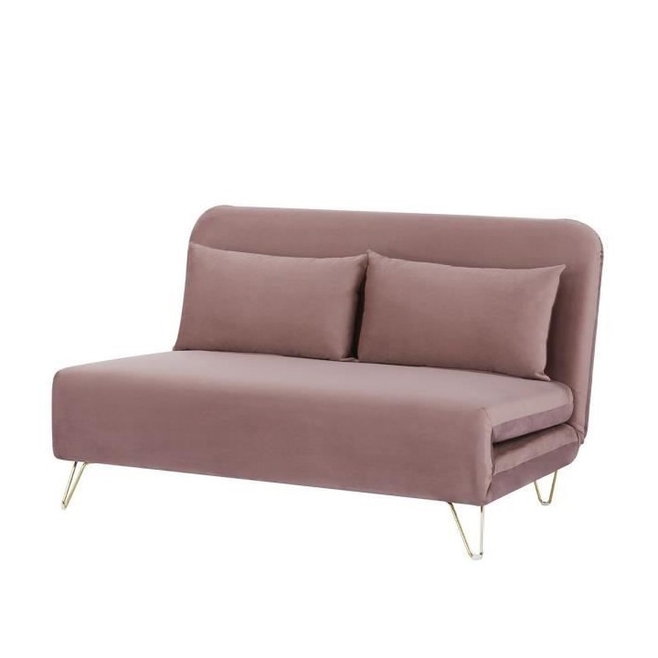 Banquette convertible 2 places - Velours Rose pieds doré - Style scan
