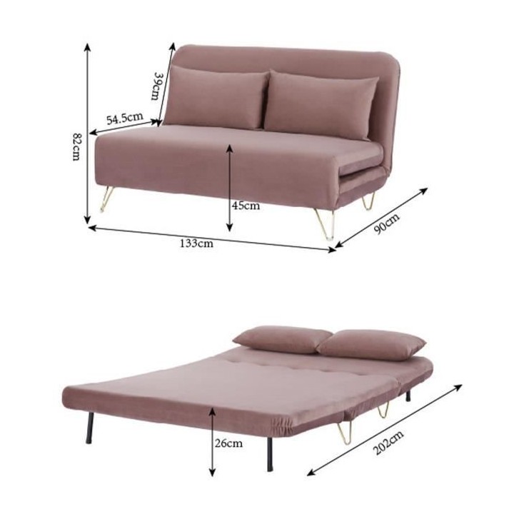 Banquette convertible 2 places - Velours Rose pieds doré - Style scan