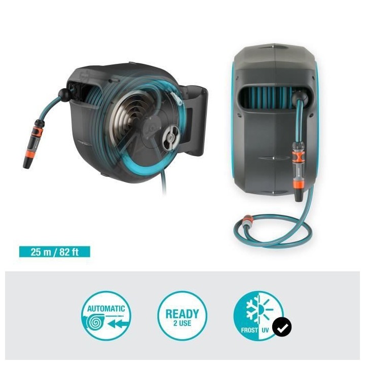 GARDENA Dévidoir automatique mural RollUp M/L liseret bleu – Longue