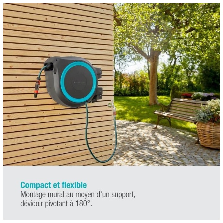 GARDENA Dévidoir automatique mural RollUp M/L liseret bleu – Longue