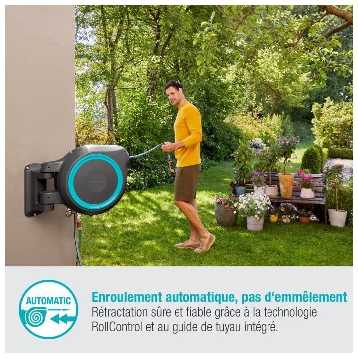 GARDENA Dévidoir automatique mural RollUp M/L liseret bleu – Longue