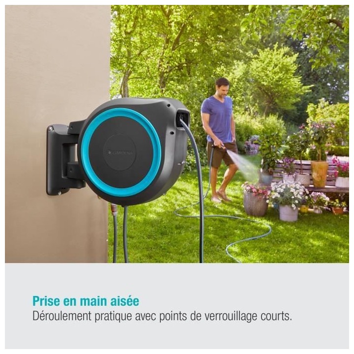GARDENA Dévidoir automatique mural RollUp M/L liseret bleu – Longue