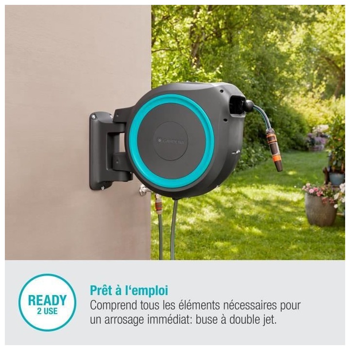 GARDENA Dévidoir automatique mural RollUp M/L liseret bleu – Longue
