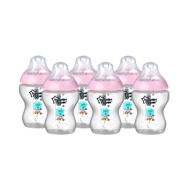 TOMMEE TIPPEE Biberons Closer to Nature, Valve Anti-Colique, 260ml, Lot de 6, Rose Décoré