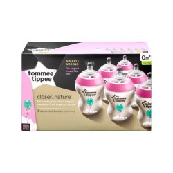 TOMMEE TIPPEE Biberons Closer to Nature, Valve Anti-Colique, 260ml, Lot de 6, Rose Décoré