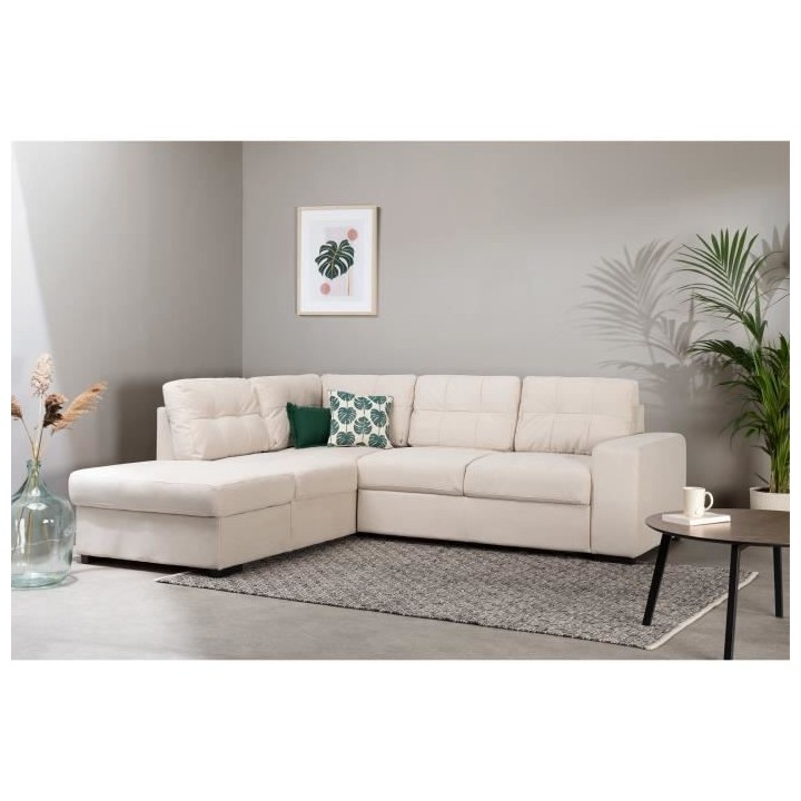 Canapé Angle gauche Convertible + coffre - 4 places - Tissu - Beige -