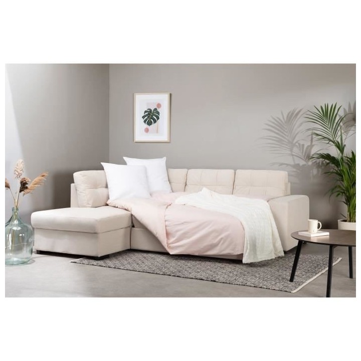 Canapé Angle gauche Convertible + coffre - 4 places - Tissu - Beige -