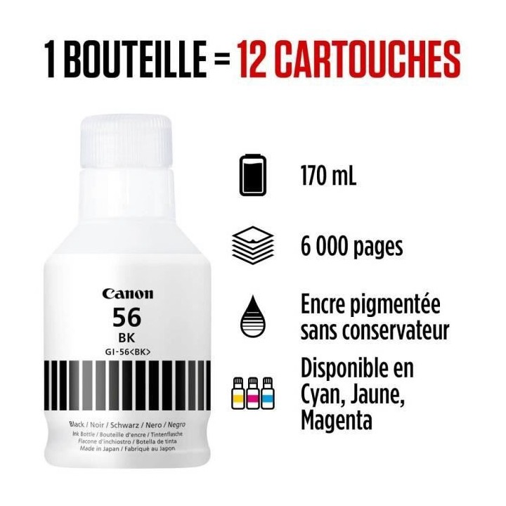 Bouteille d'encre - CANON - GI-56BK - Noir - Compatibilité MAXIFY GX