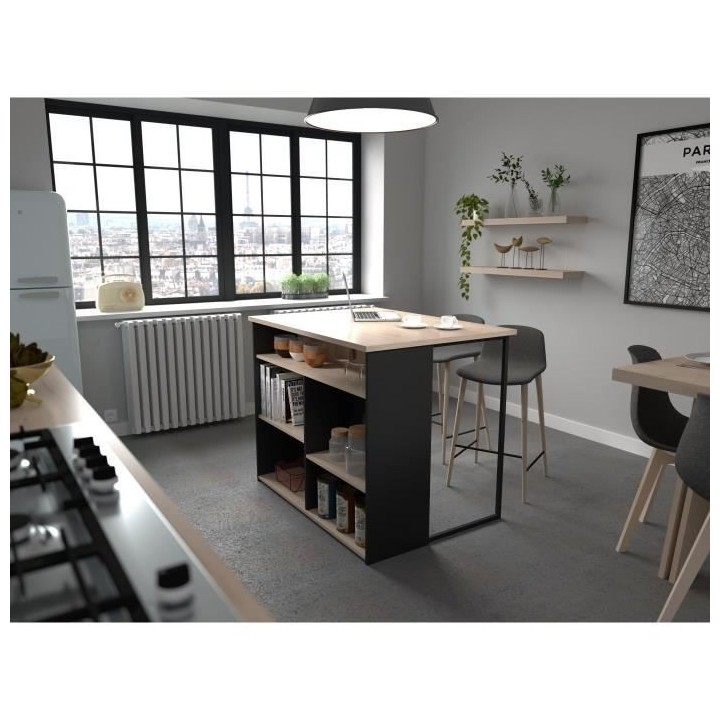 Îlot central BRUNCH - Décor chene et noir - 5 espaces de rangement -