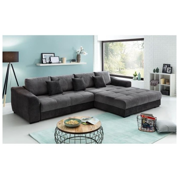 Canapé d'angle convertible droit - 4 places - Tissu noir - Contempora