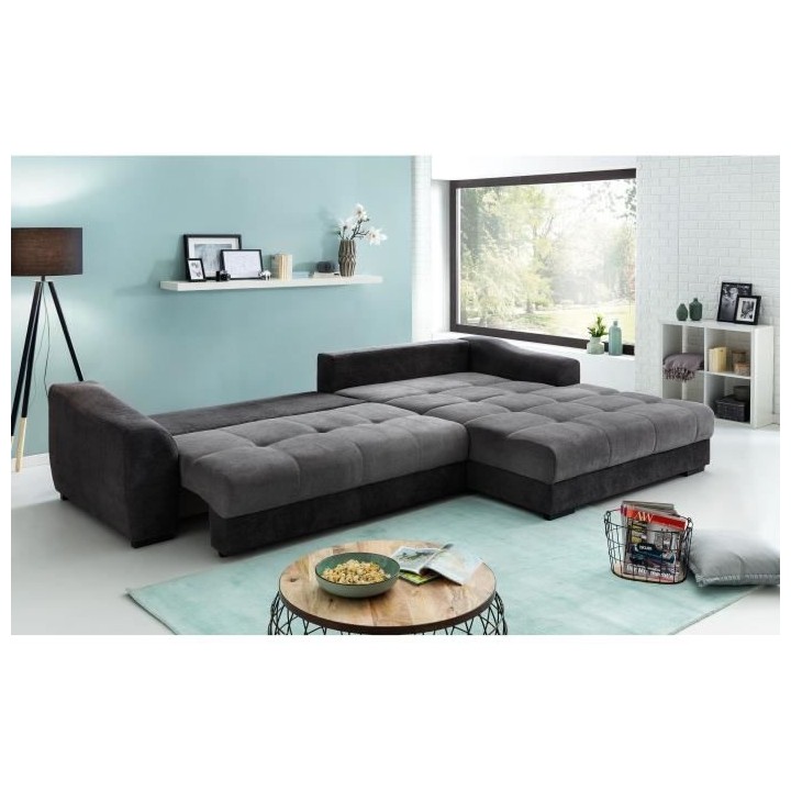 Canapé d'angle convertible droit - 4 places - Tissu noir - Contempora