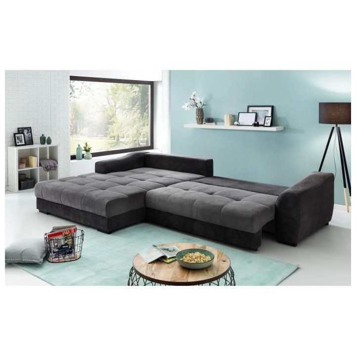 FLEX Canapé d'angle convertible gauche 4 places - Tissu Noir - L 314