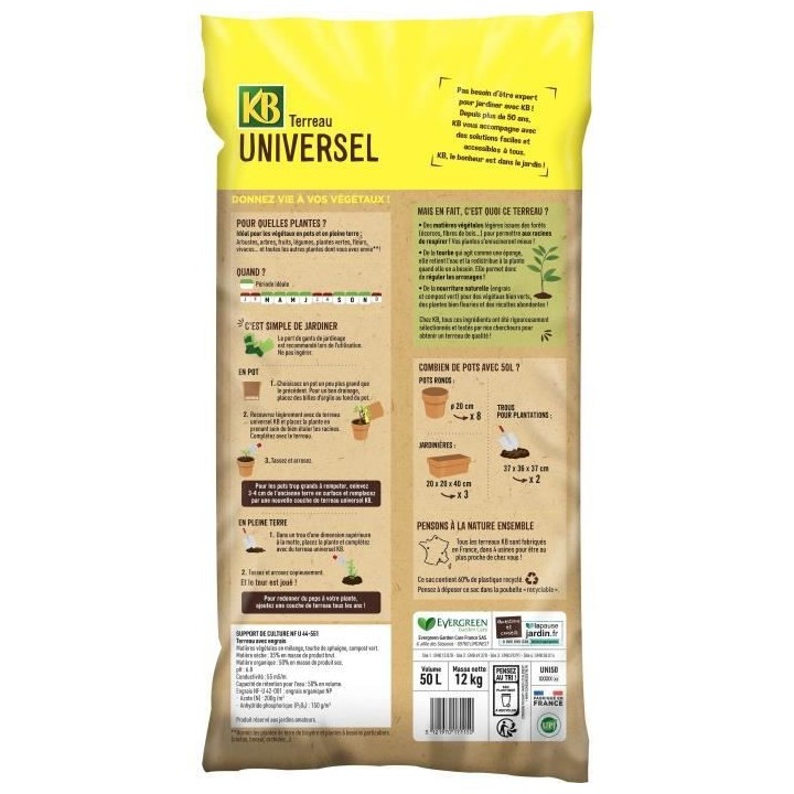 KB Terreau universel toutes plantes 50L - Formule enrichie en engrais