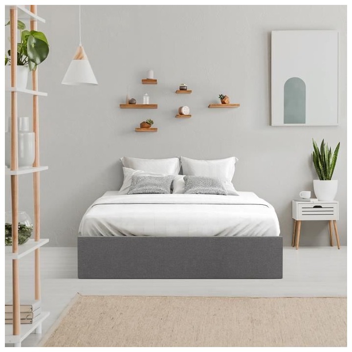 ECLIPSE Lit coffre adulte 140x190 cm - Tissu gris clair - Sommier incl