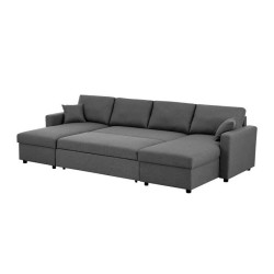 Canapé d'angle convertible panoramique + 2 coffres de rangement + 2 coussins - Tissu Gris - L 300 x P 148 x H 83 cm - OWENS