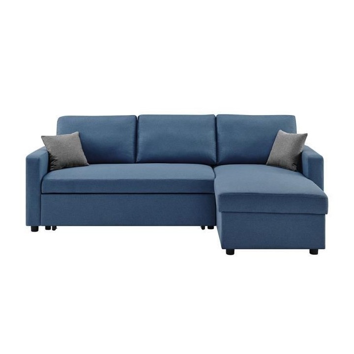 Canapé d'angle réversible et convertible + 2 coussins - Tissu Bleu -