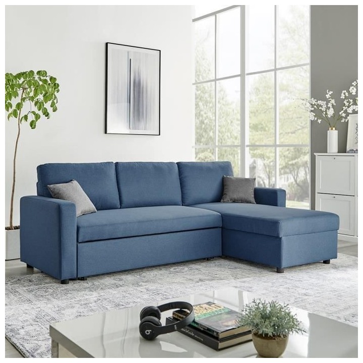 Canapé d'angle réversible et convertible + 2 coussins - Tissu Bleu -