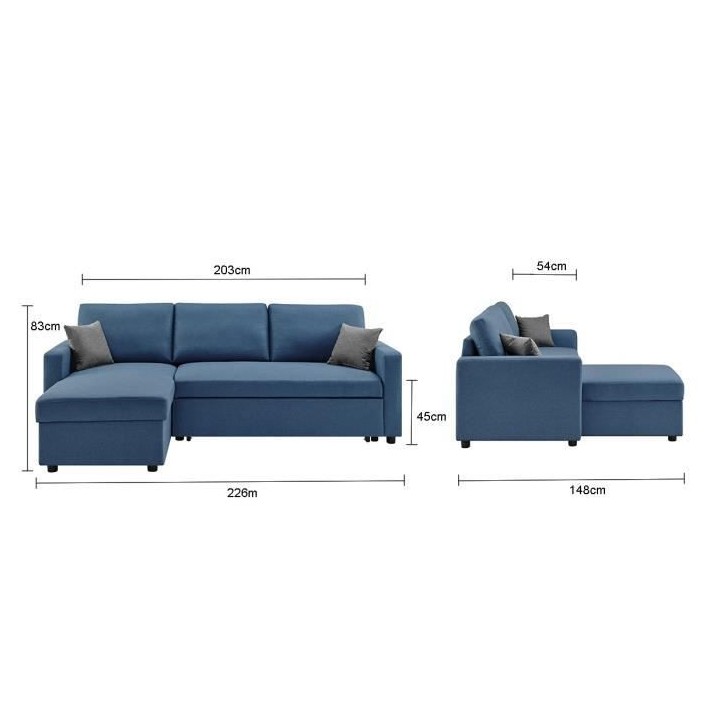 Canapé d'angle réversible et convertible + 2 coussins - Tissu Bleu -