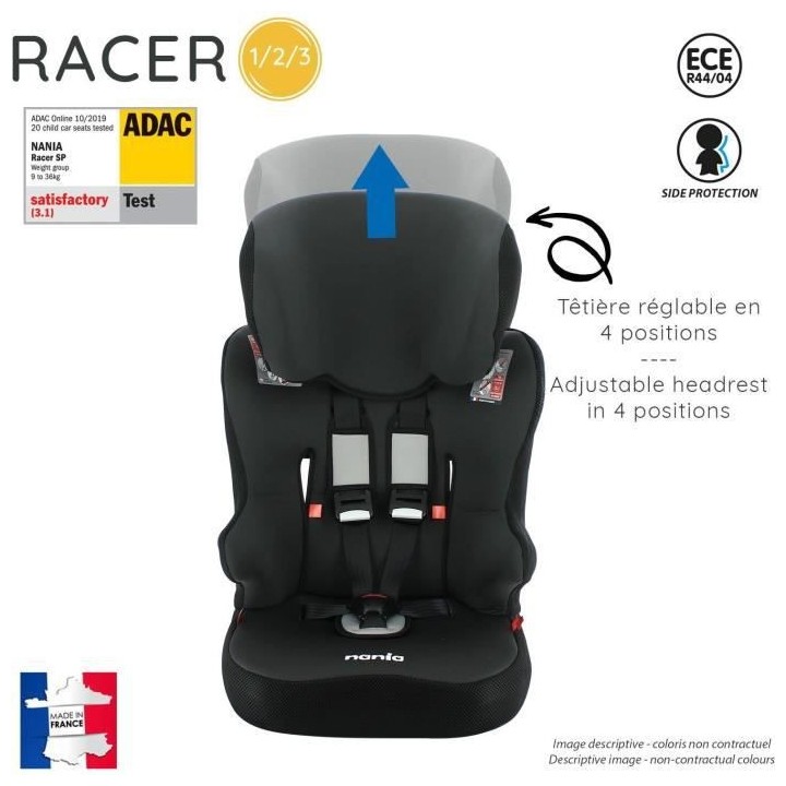 Siege auto NANIA RACER Groupe 1/2/3 (9-36Kg) - Tetiere réglable en ha
