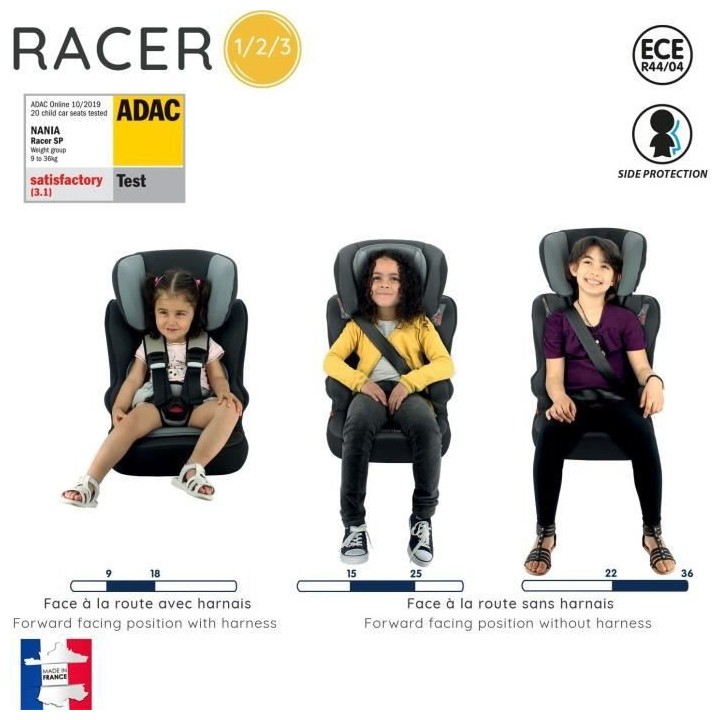 Siege auto NANIA RACER Groupe 1/2/3 (9-36Kg) - Tetiere réglable en ha