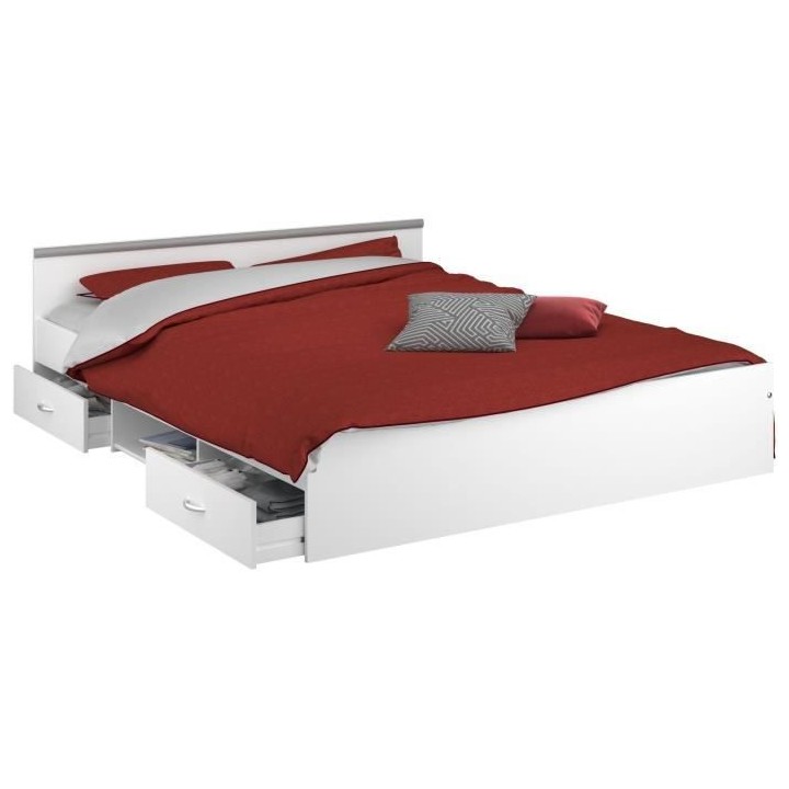 Lit adulte ZODIAC 160x200 - Décor blanc - 2 tiroirs - L165.8 x H58.9